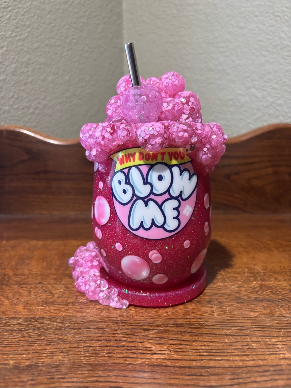Blow Me Pink Glitter Party Wine Cup with Straw